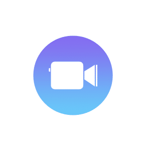 A white video camera icon is centered inside a blue-to-purple gradient circle on a white background, reminiscent of the Apple Clips app discontinued by Apple.