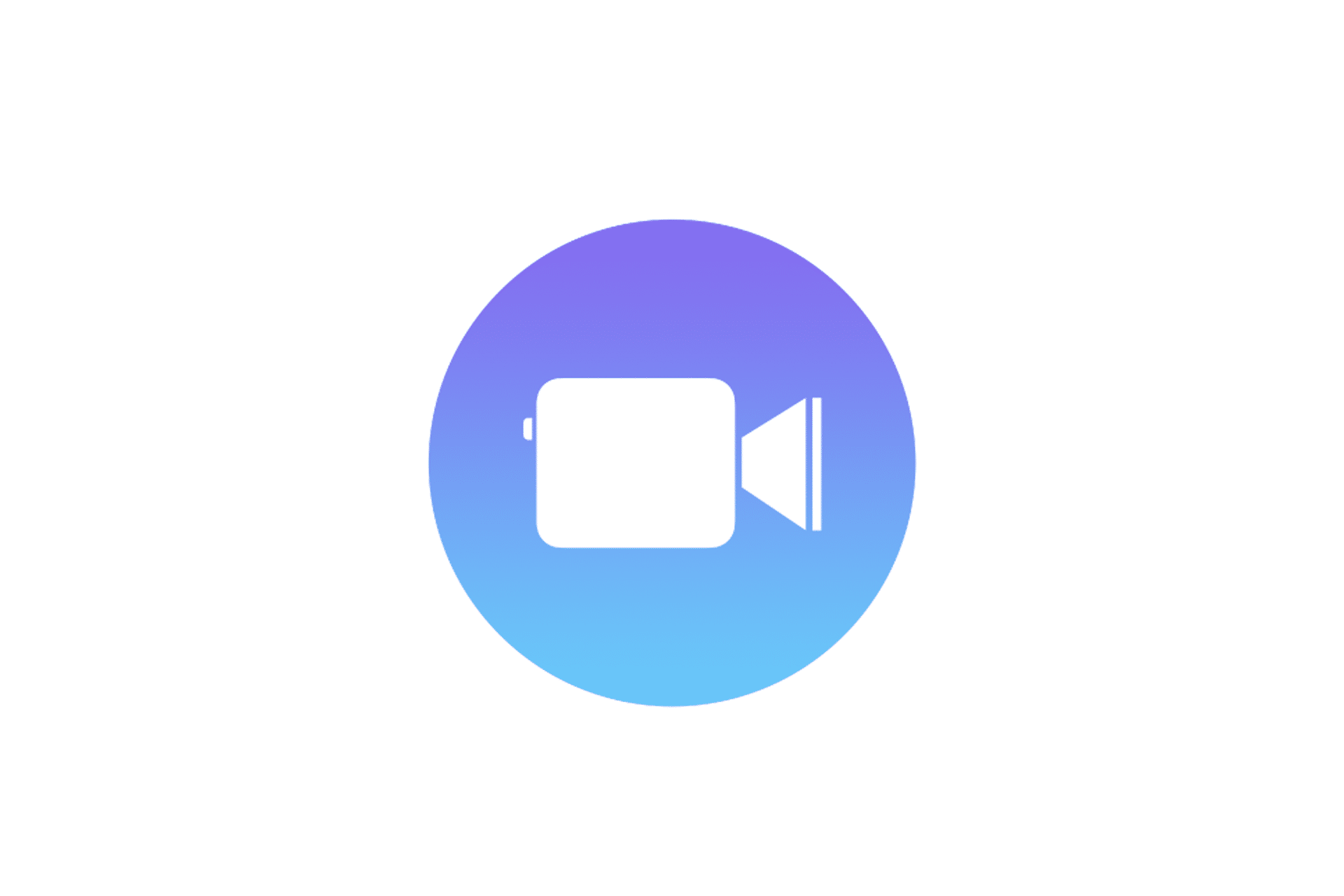 A white video camera icon is centered inside a blue-to-purple gradient circle on a white background, reminiscent of the Apple Clips app discontinued by Apple.