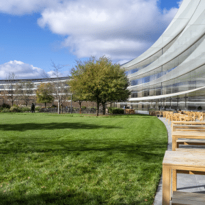 Modern curved glass building with wooden outdoor seating and green lawn; people walk and sit under a blue sky with scattered clouds, surrounded by trees—reflecting the innovative spirit of Apple, most powerful brand 2025.
