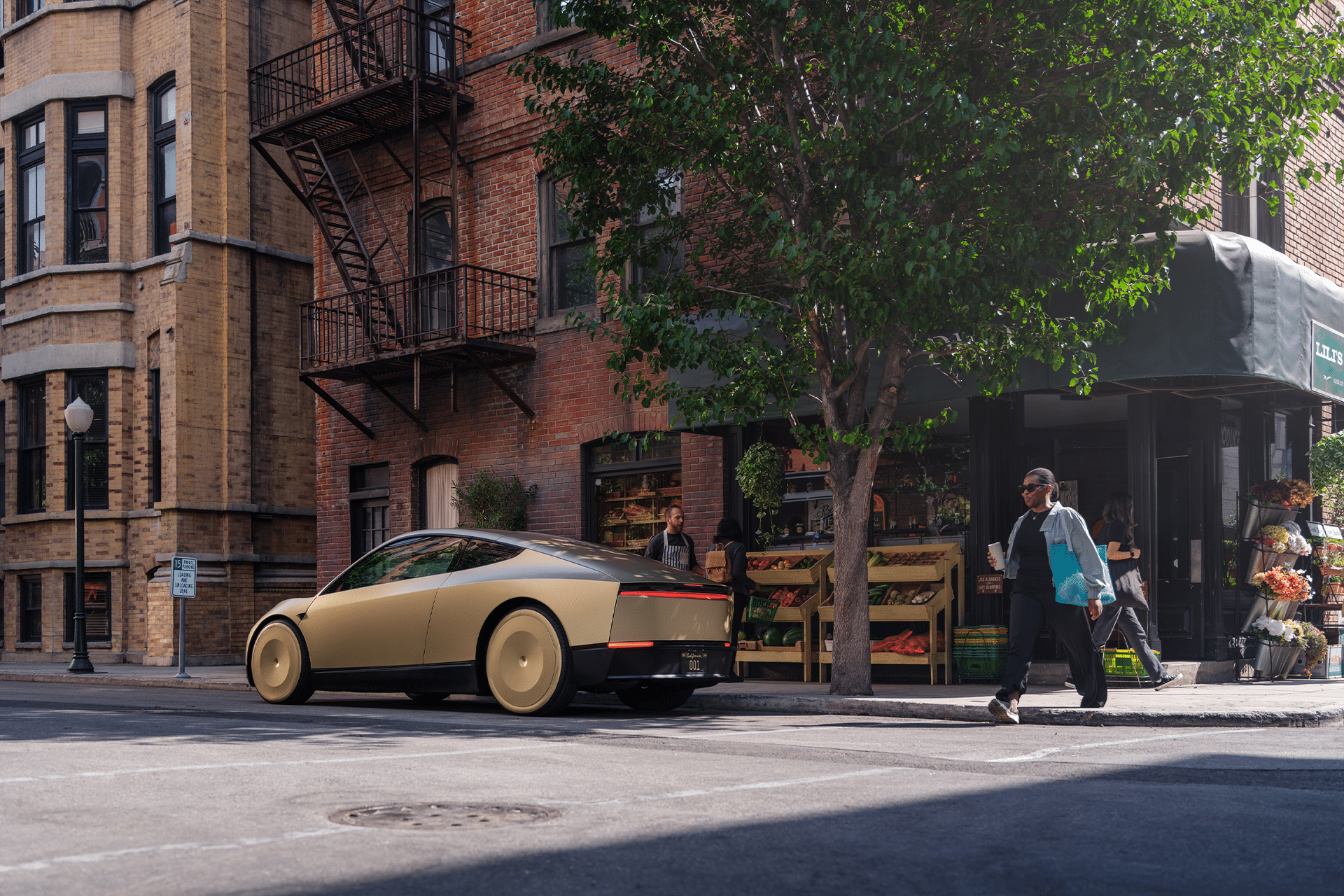 A futuristic gold car, reminiscent of Elon Musk robotaxi production, is parked on a city street by a grocery store with fresh produce. A person carrying shopping bags crosses the street, while another stands near the store entrance.