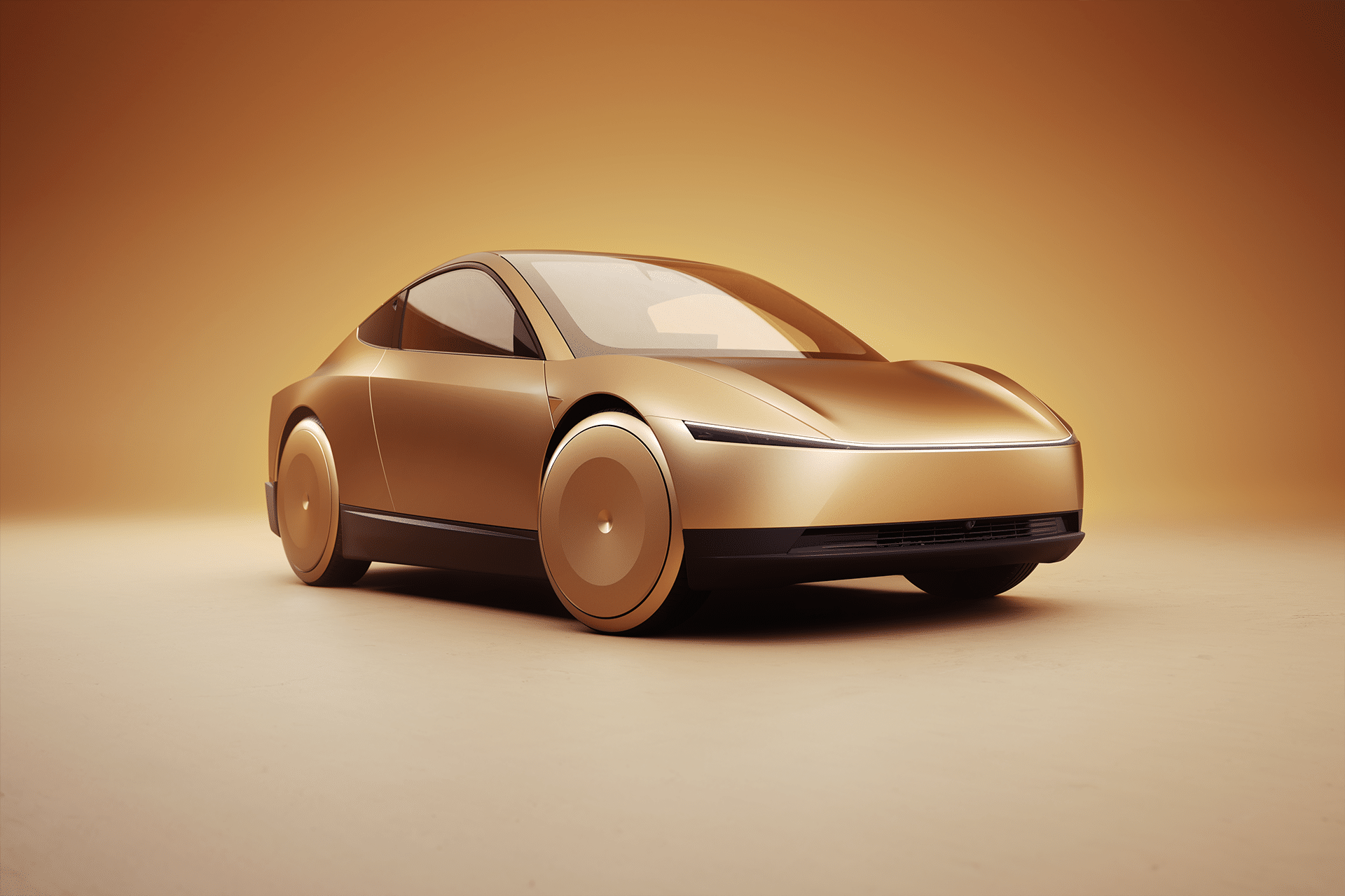 A sleek, futuristic gold car with smooth curves and aerodynamic design is displayed in a minimal studio setting with a warm, golden background, evoking the innovation of Elon Musk robotaxi production. The car features seamless wheel covers and narrow LED headlights.