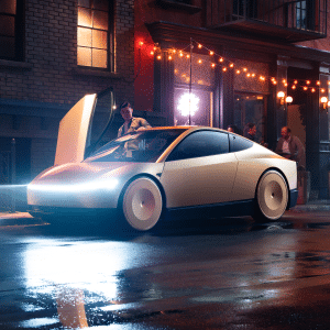 A sleek, futuristic white car—reminiscent of Elon Musk robotaxi production—with gullwing doors open is parked on a wet city street at night, its headlights and string lights glowing as people relax at a nearby sidewalk cafe.