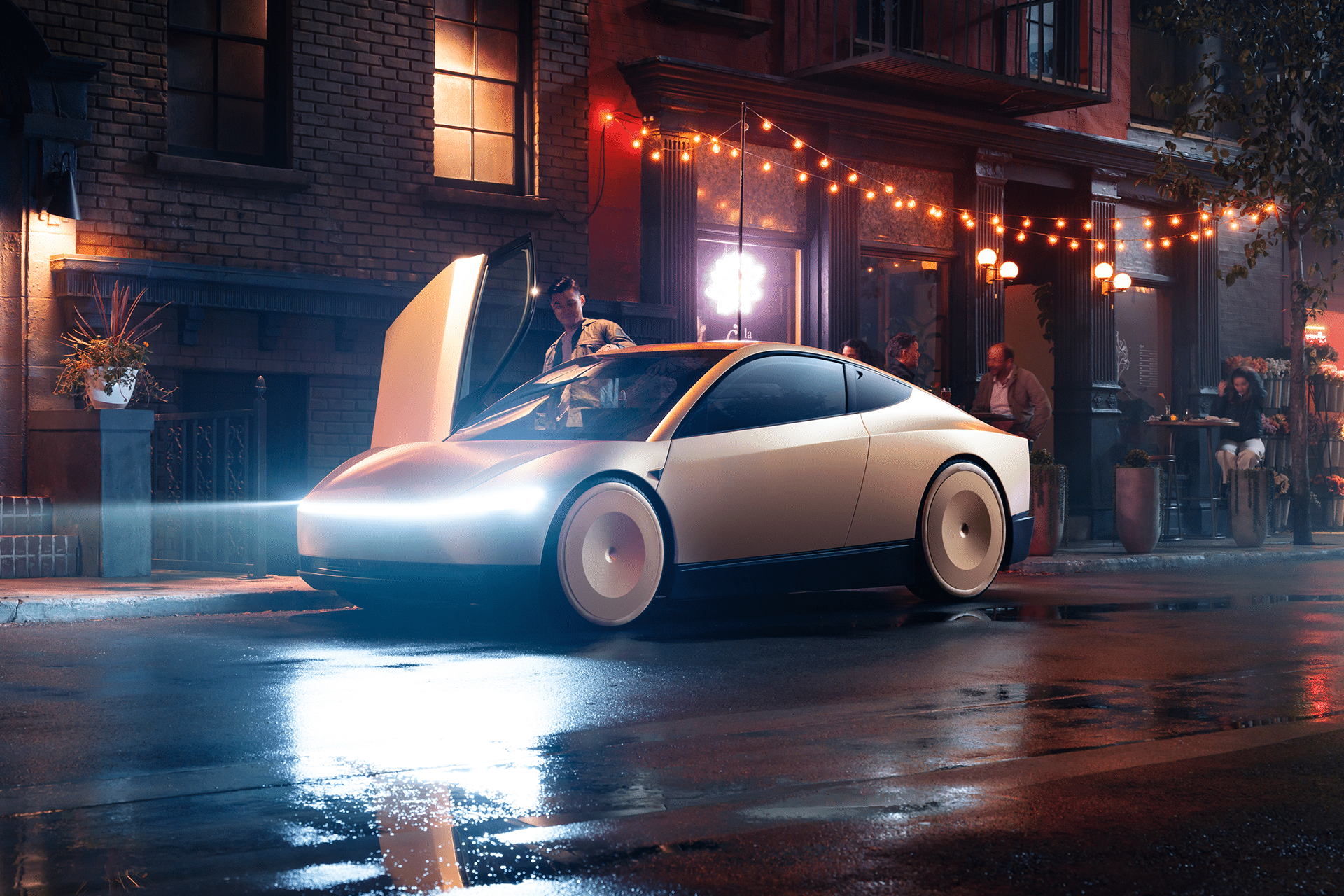 A sleek, futuristic white car—reminiscent of Elon Musk robotaxi production—with gullwing doors open is parked on a wet city street at night, its headlights and string lights glowing as people relax at a nearby sidewalk cafe.
