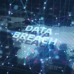 Digital illustration of a world map with "DATA BREACH" in large text, overlaid with a network of glowing lines and nodes, highlighting data connections and cybersecurity threats like a Gmail data breach.