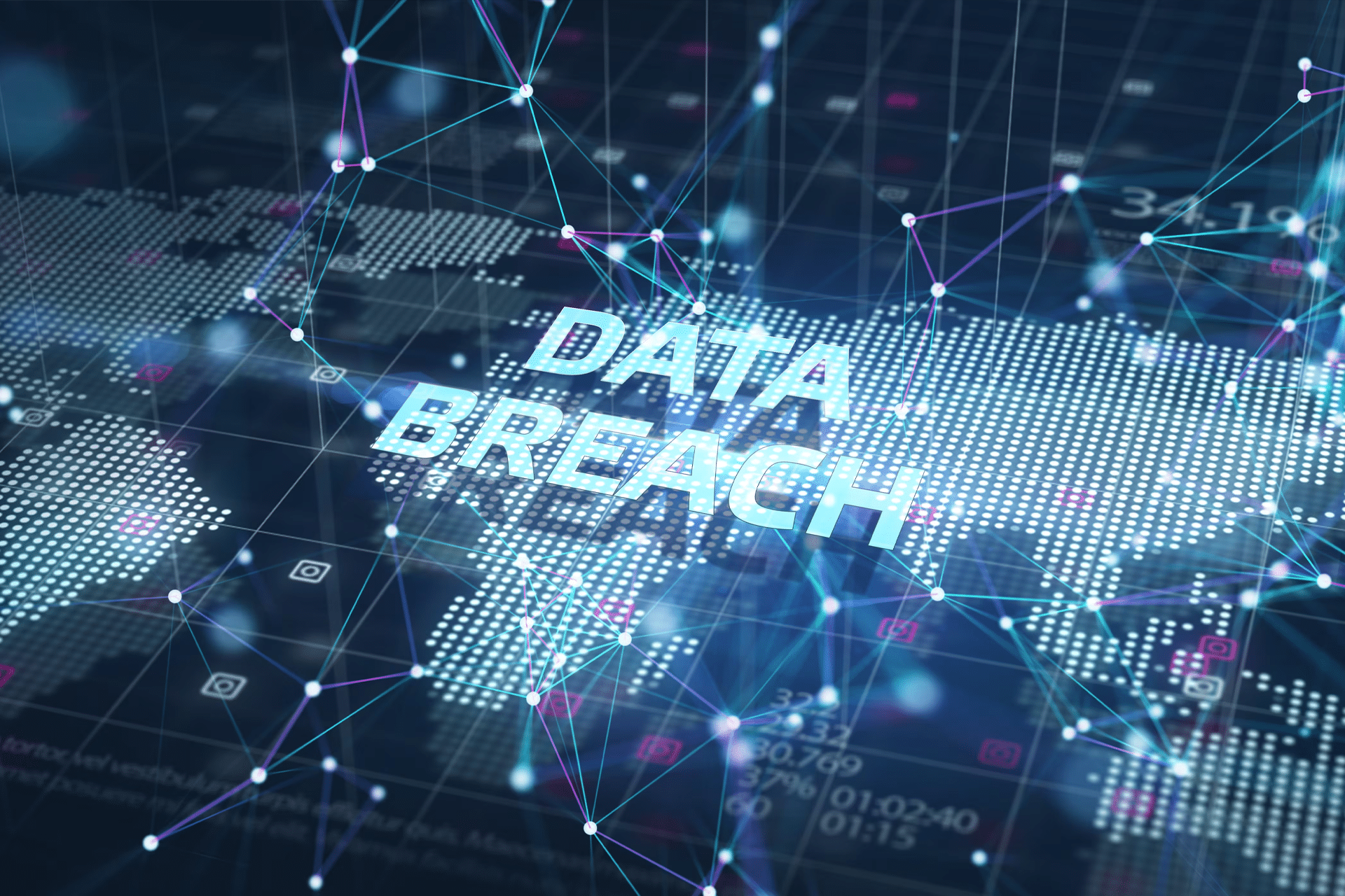 Digital illustration of a world map with "DATA BREACH" in large text, overlaid with a network of glowing lines and nodes, highlighting data connections and cybersecurity threats like a Gmail data breach.