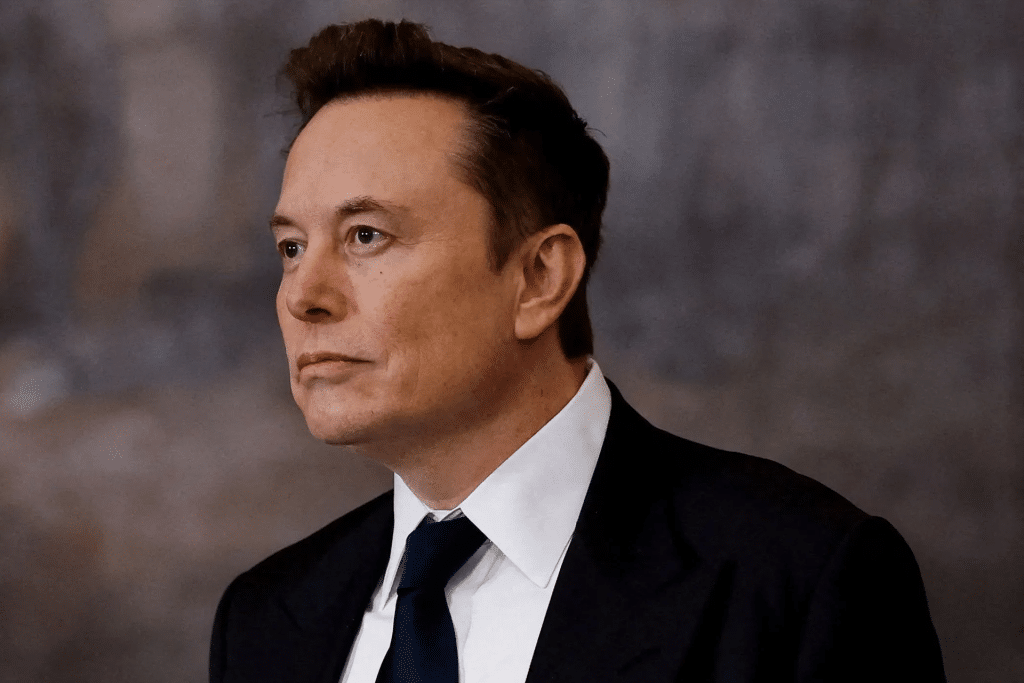 A man in a dark suit and tie with short, styled brown hair looks to the side against a blurred, neutral background, reminiscent of the poised confidence often seen in Elon Musk Grok 5 promotional visuals.