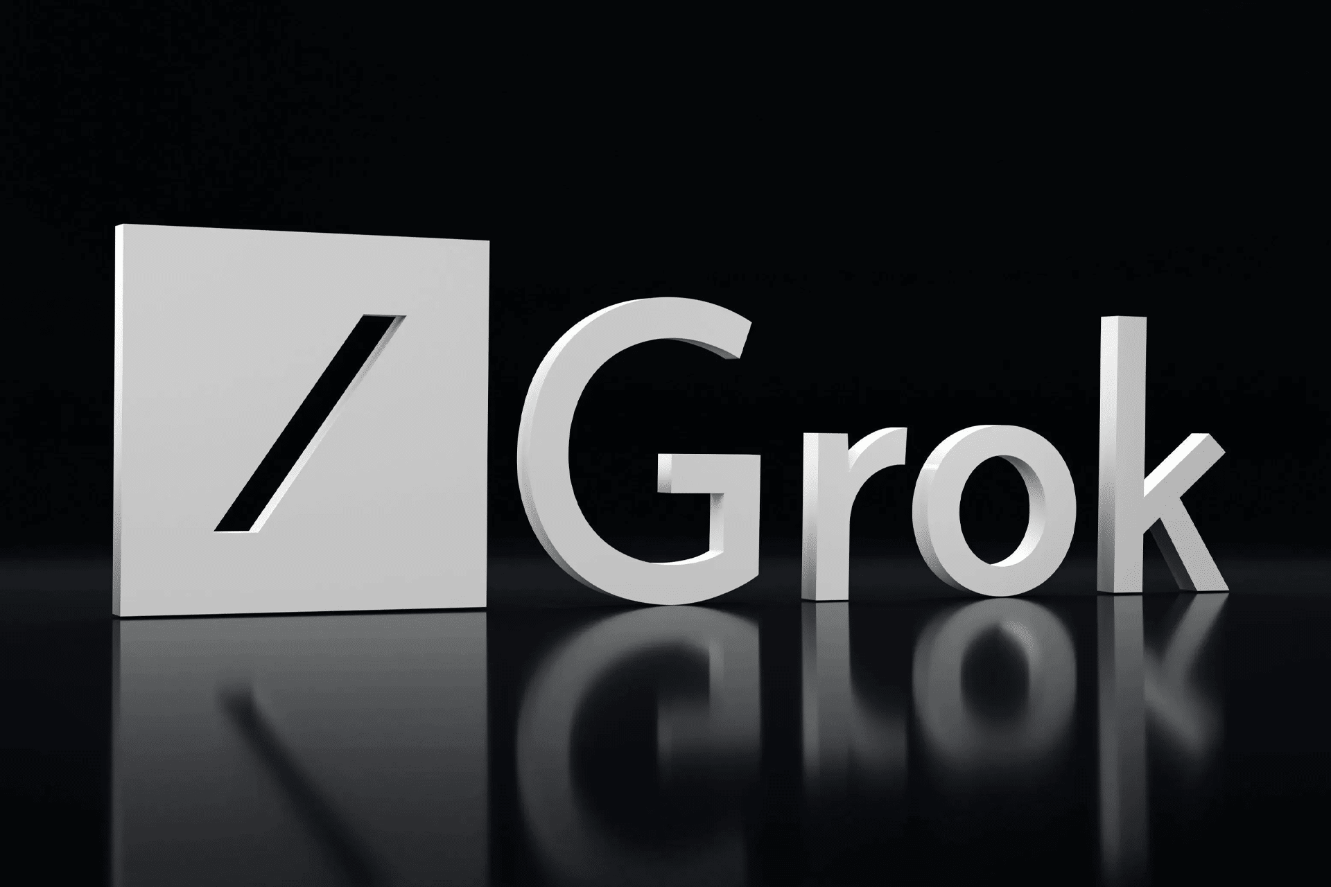 3D metallic letters spelling "Grok" and a stylized slash symbol appear on a shiny black reflective surface with a dark background, blending sleek design with the innovative edge of Grokipedia AI.
