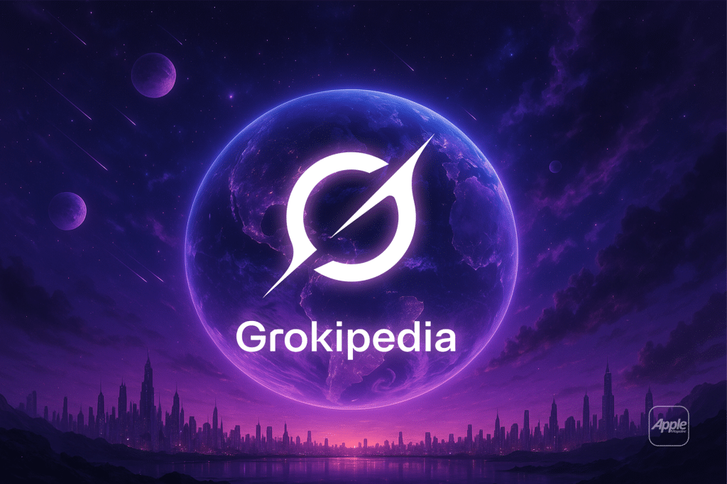 A glowing logo and the word "Grokipedia AI" appear in front of a vibrant, purple-lit planet with stars, distant moons, and a futuristic city skyline. An "Apple" logo is displayed in the bottom right corner.