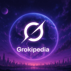 A glowing logo and the word "Grokipedia AI" appear in front of a vibrant, purple-lit planet with stars, distant moons, and a futuristic city skyline. An "Apple" logo is displayed in the bottom right corner.