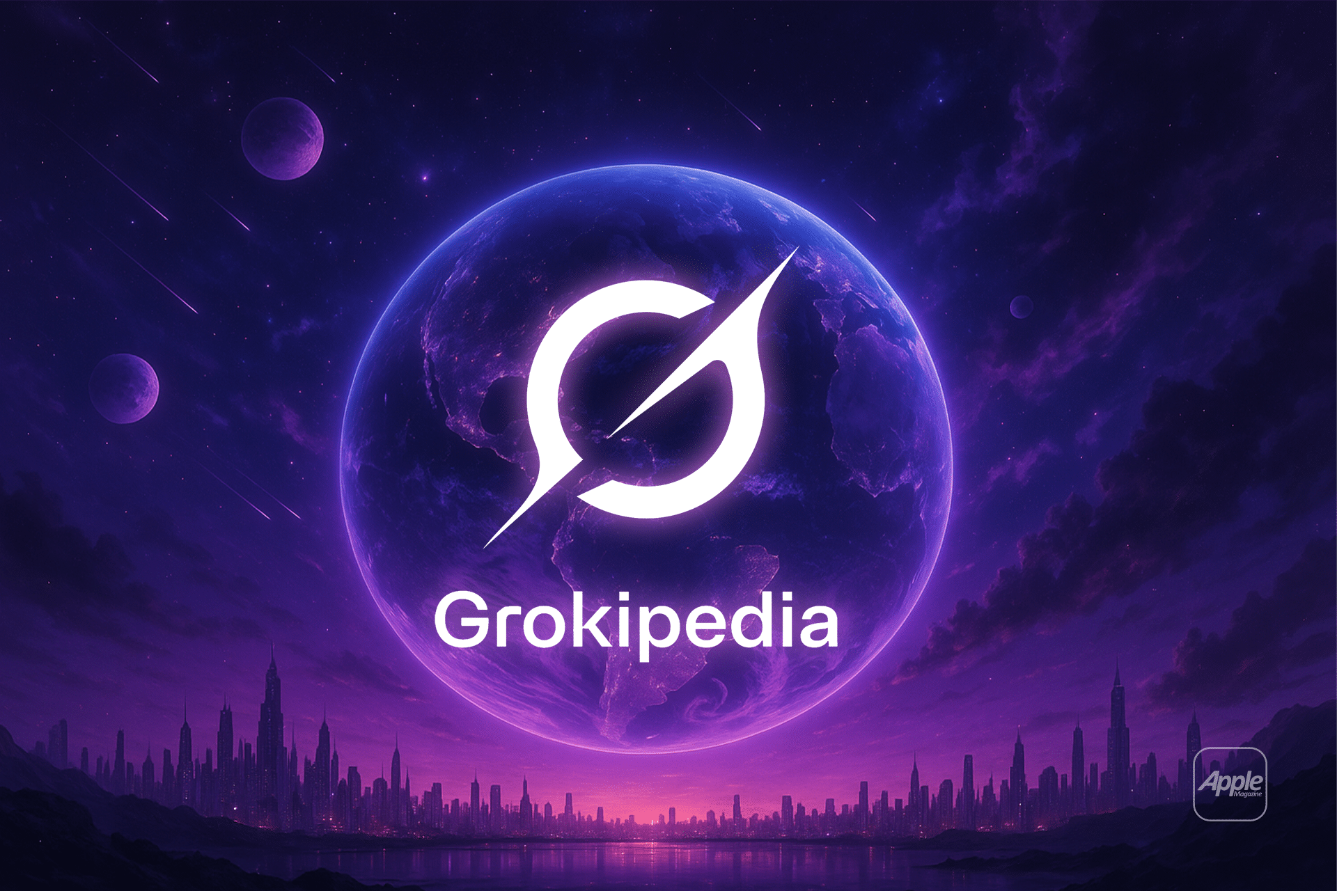 A glowing logo and the word "Grokipedia AI" appear in front of a vibrant, purple-lit planet with stars, distant moons, and a futuristic city skyline. An "Apple" logo is displayed in the bottom right corner.
