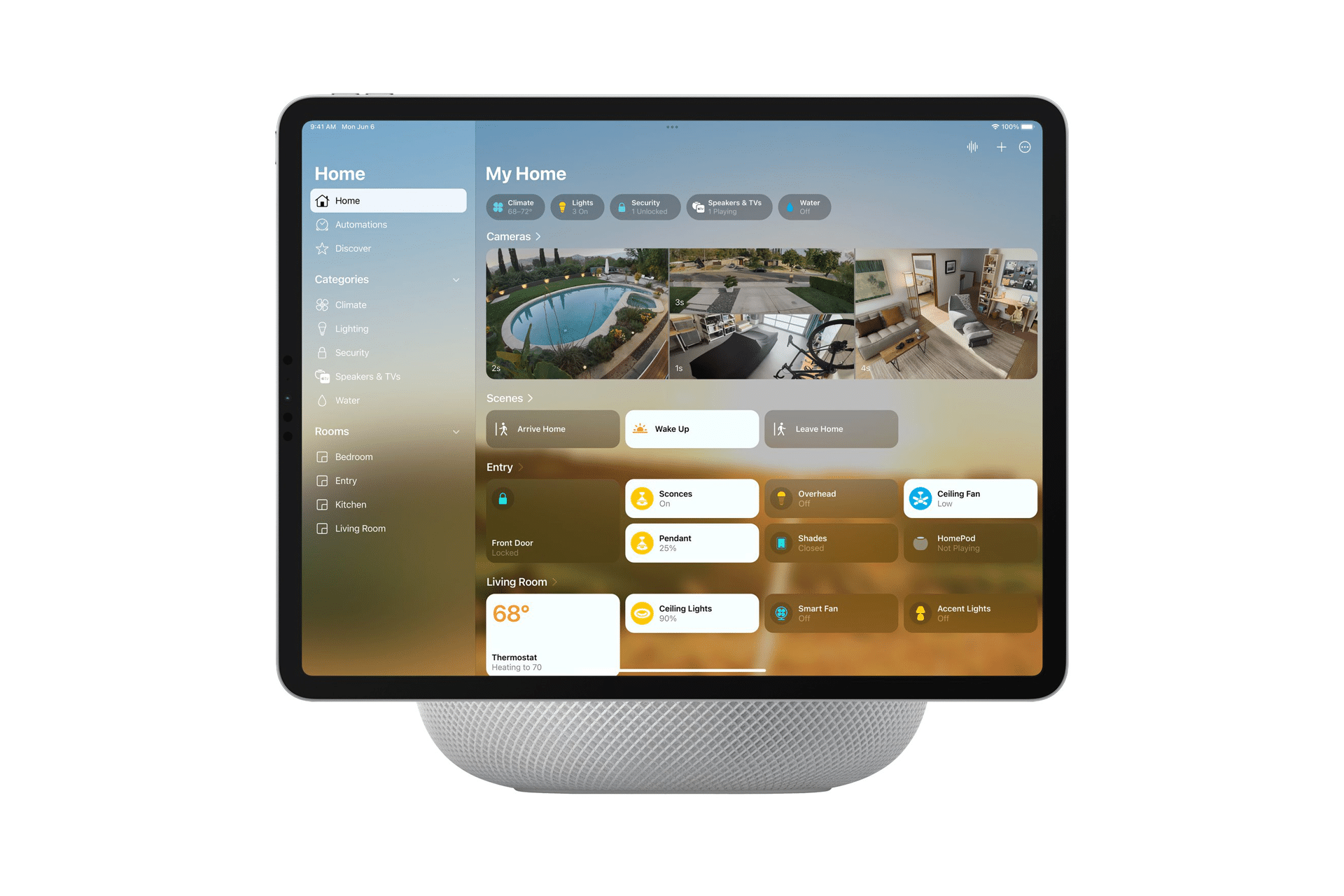 A tablet on a smart speaker displays a smart home control dashboard, showing security camera feeds, lighting and temperature controls, and automation options—now seamlessly integrating with the iPhone 18 Pro camera upgrade for enhanced visuals.