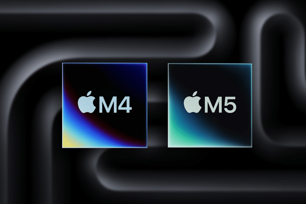 Two square graphics compare the Apple logo with “M4” and “M5” text, set against a dark, abstract background with glowing gradient accents, illustrating the MacBook Pro M5 vs M4 distinction.
