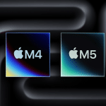 Two square graphics compare the Apple logo with “M4” and “M5” text, set against a dark, abstract background with glowing gradient accents, illustrating the MacBook Pro M5 vs M4 distinction.