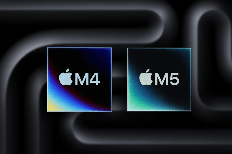 Two square graphics compare the Apple logo with “M4” and “M5” text, set against a dark, abstract background with glowing gradient accents, illustrating the MacBook Pro M5 vs M4 distinction.