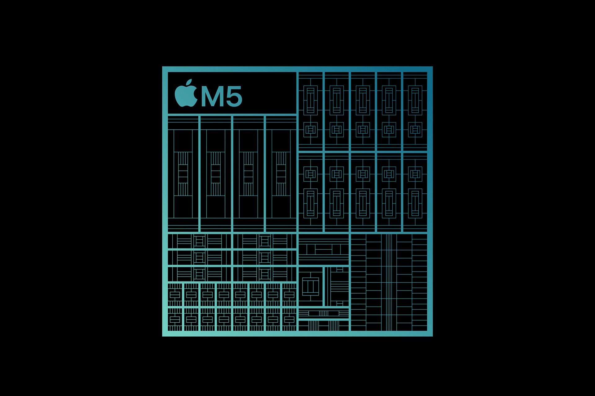 A digital outline illustration of the Apple M5 chip with labeled sections and circuitry patterns on a black background, featuring the Apple logo next to “M5” in the top left corner.