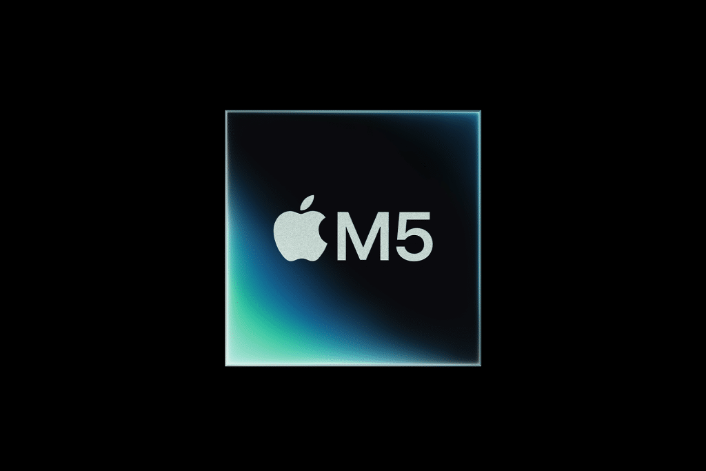 A digital graphic shows the Apple logo and "M5" text on a dark, gradient background with teal and blue highlights, representing the powerful Apple M5 chip.