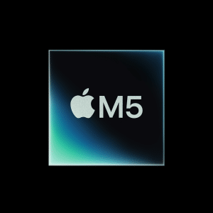 A digital graphic shows the Apple logo and "M5" text on a dark, gradient background with teal and blue highlights, representing the powerful Apple M5 chip.