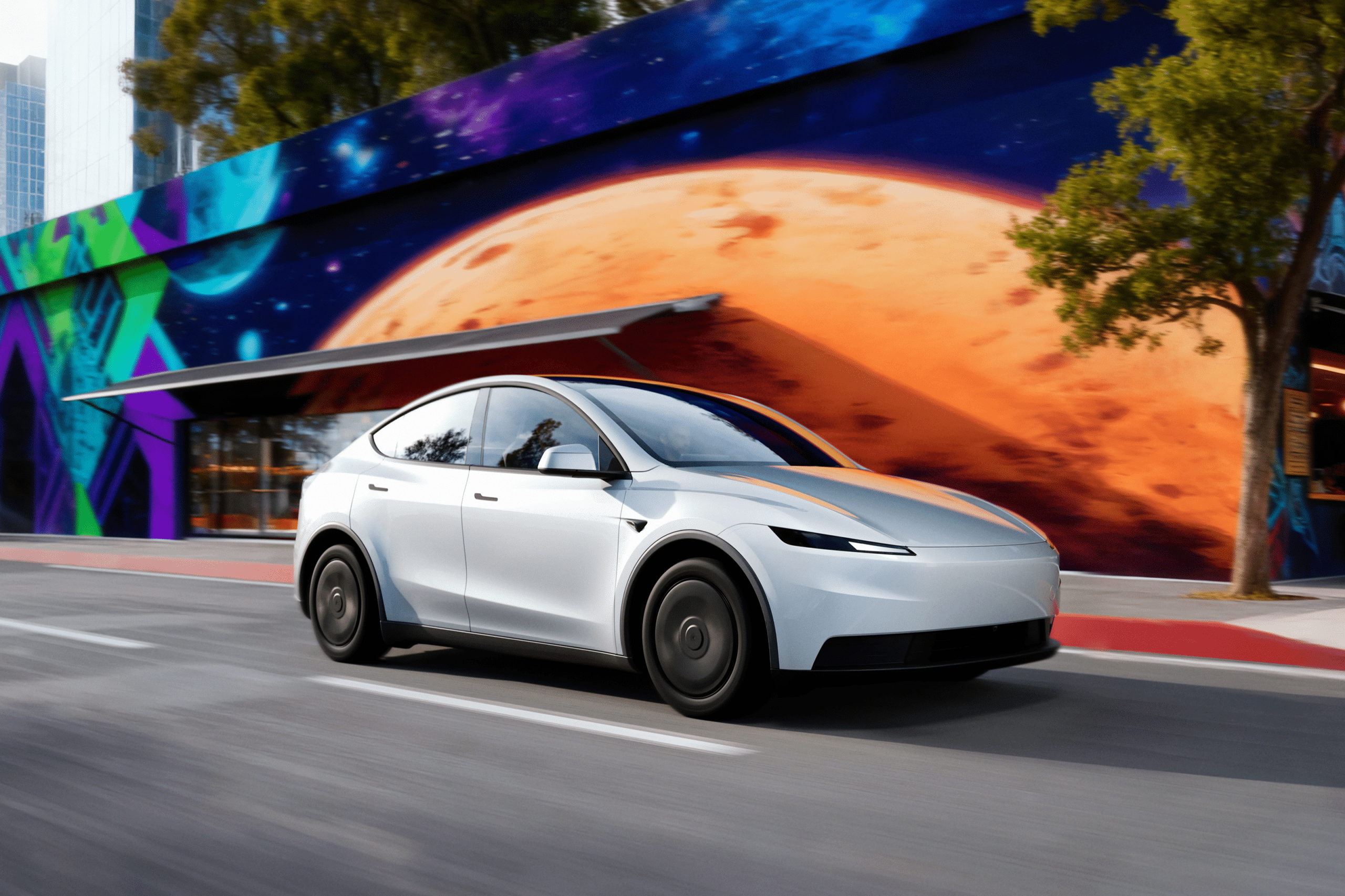 A sleek, silver 2026 Tesla Model 3 drives past a colorful mural featuring a large orange planet and abstract geometric shapes, with trees and buildings in the background.