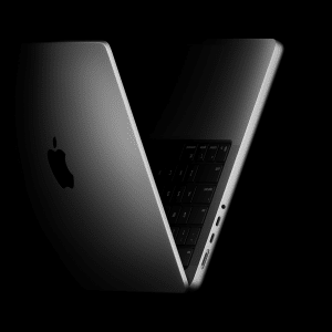 A partially open, silver 14-inch MacBook Pro M5 chip on a black background, showing the keyboard, screen hinge, and multiple side ports, with the Apple logo visible on the lid.