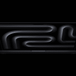 A black laptop showcasing a dark abstract, curved, tubular pattern on its screen, set against a solid black background—perfect for comparing the MacBook Pro M5 vs M4 display brilliance.