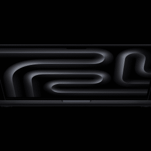 A black laptop showcasing a dark abstract, curved, tubular pattern on its screen, set against a solid black background—perfect for comparing the MacBook Pro M5 vs M4 display brilliance.