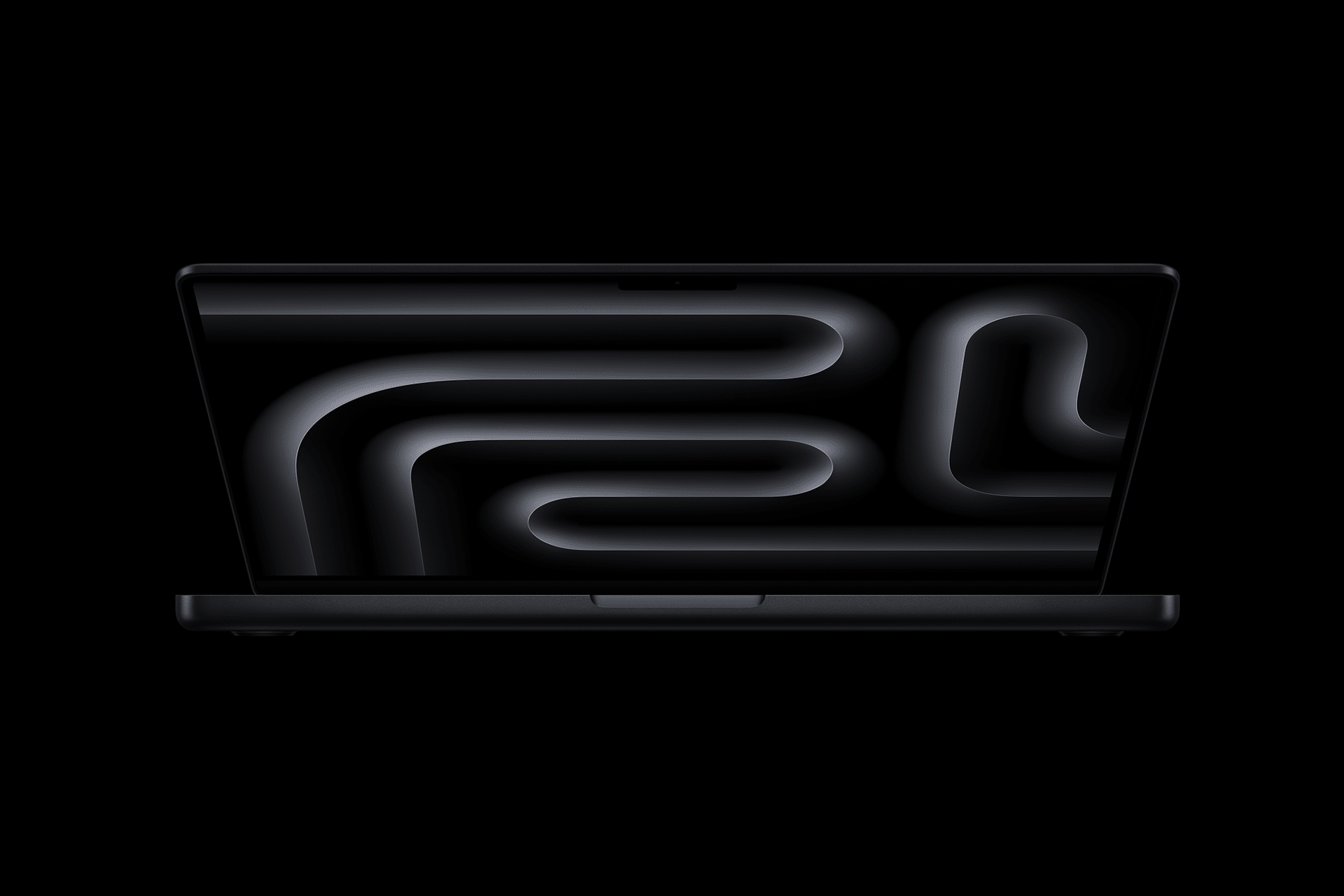 A black laptop showcasing a dark abstract, curved, tubular pattern on its screen, set against a solid black background—perfect for comparing the MacBook Pro M5 vs M4 display brilliance.