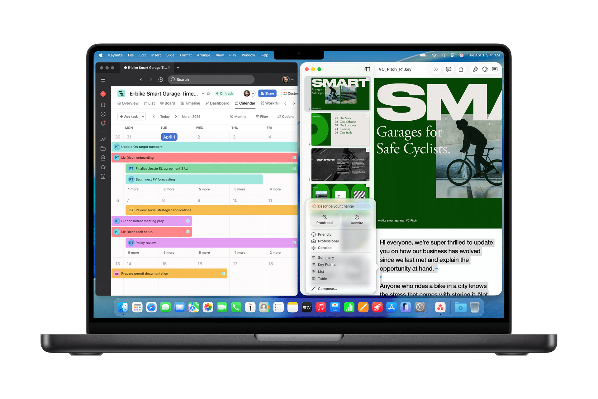 A laptop screen displays two windows side by side: a colorful project management calendar on the left and a website for "SMABT Garages for Safe Cyclists" on the right, both running smoothly thanks to impressive M5 chip performance.