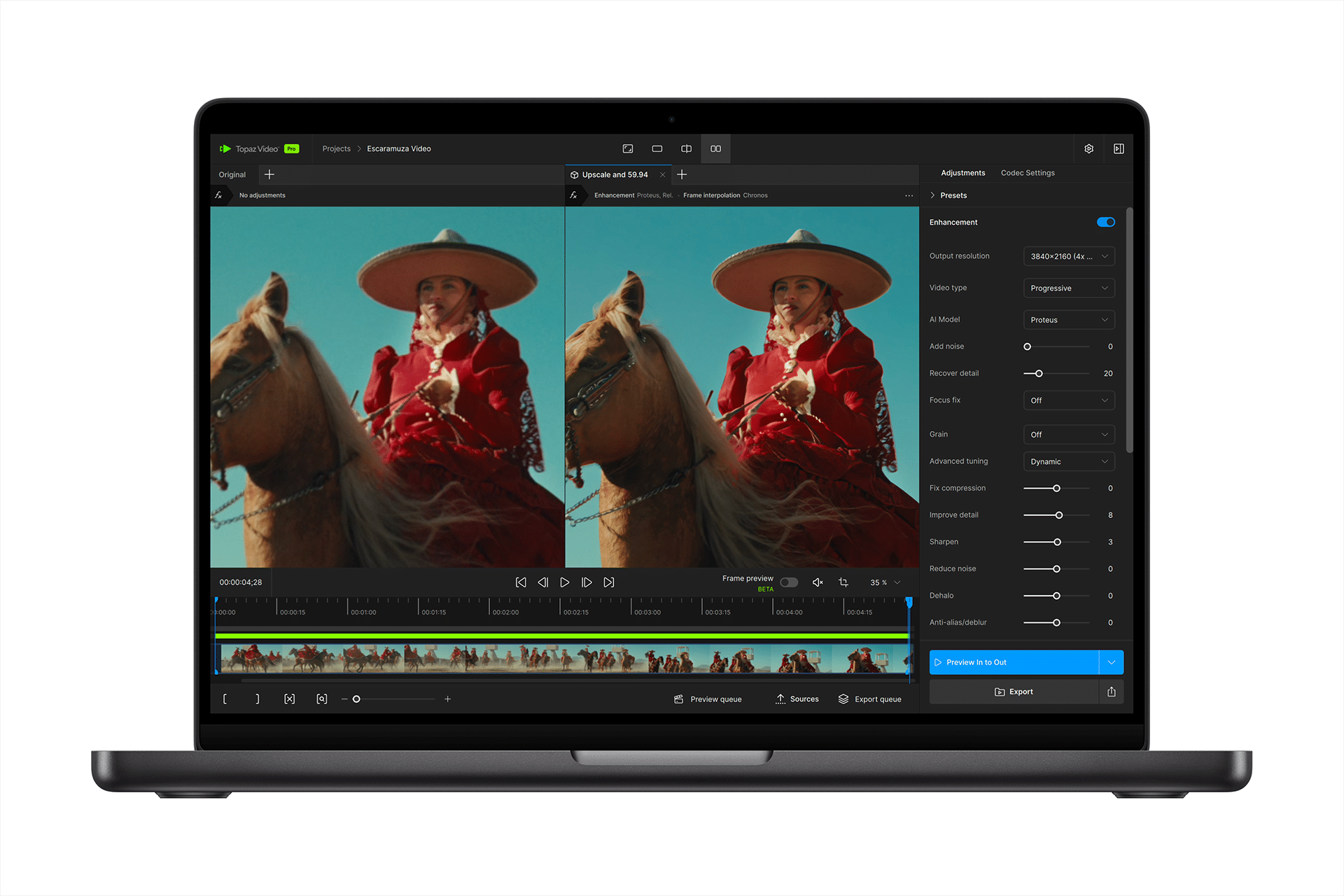 A MacBook Pro M5 vs M4 comparison unfolds on a laptop screen, displaying video editing software with a split view of a woman in a red outfit riding a horse, alongside adjustment sliders and editing tools on the right.