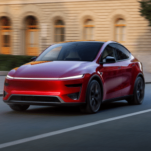 A sleek, red electric car with tinted windows glides down a city street, passing elegant stone buildings. Its modern design with smooth lines and black wheels stands out—catch it before the EV tax credit ending impacts your savings.