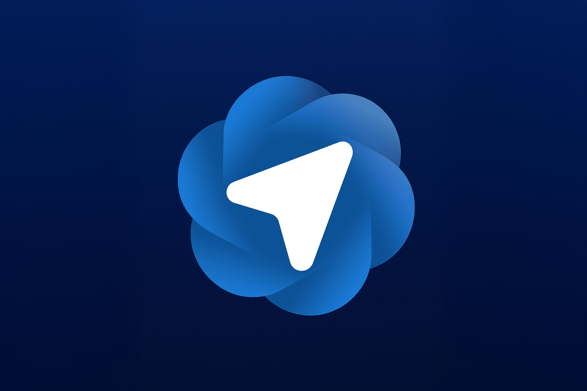 A white paper plane icon is centered on a circular blue flower-like background with overlapping petals, set against a dark blue gradient backdrop, representing the sleek interface of the OpenAI Atlas browser.