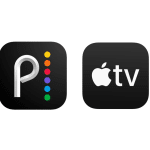 Two black app icons hint at the rumored apple-tv-peacock-streaming-bundle-talks: Peacock’s stylized “P” with six colored dots and Apple TV’s apple logo with “tv.”.