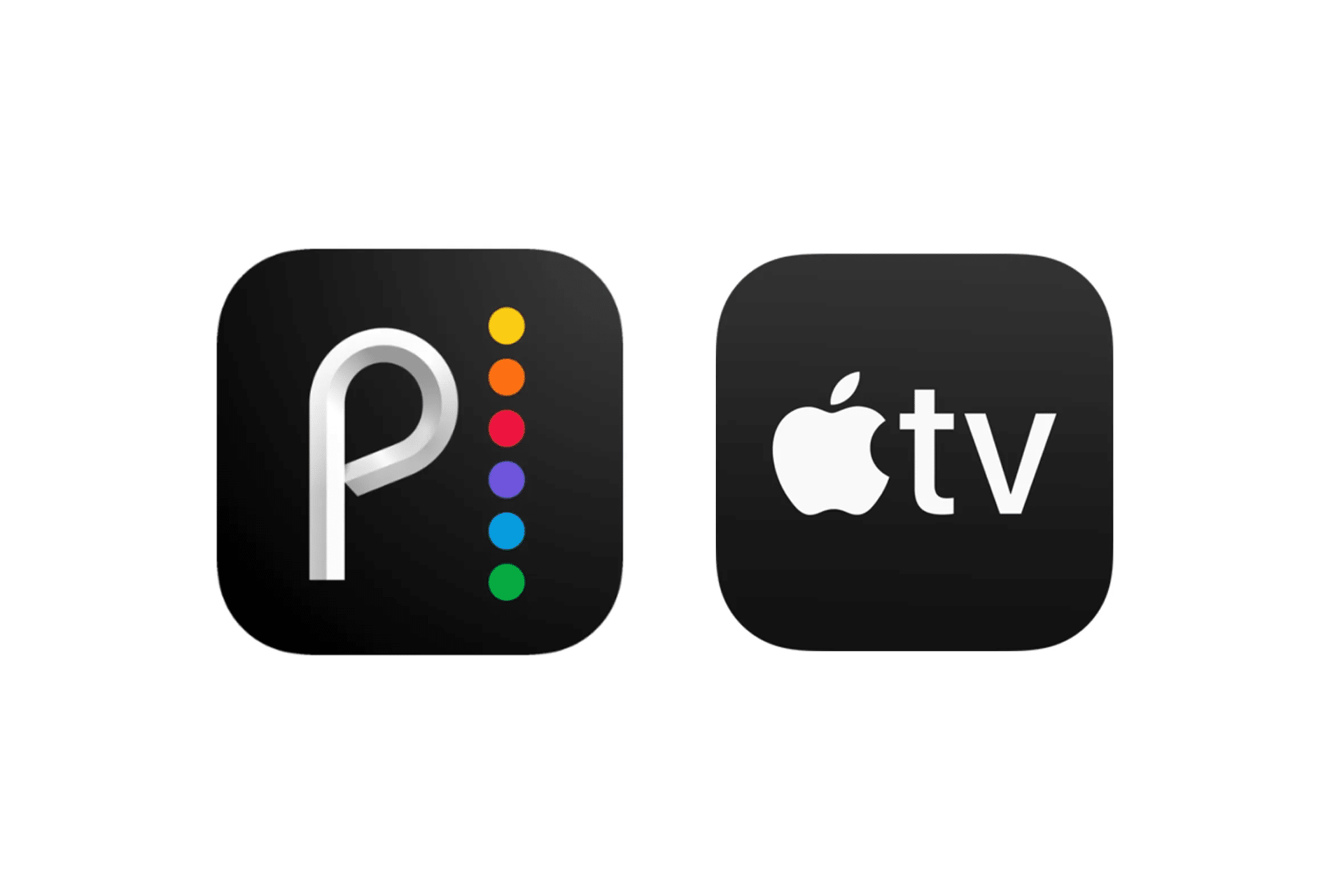 Two black app icons hint at the rumored apple-tv-peacock-streaming-bundle-talks: Peacock’s stylized “P” with six colored dots and Apple TV’s apple logo with “tv.”.