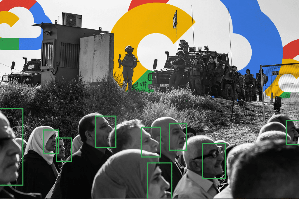 A black-and-white photo shows a crowd in the foreground with faces outlined in green boxes, while soldiers stand on a hill near vehicles and a guard post; colorful Google logos reference cloud contracts with Israel in the background.