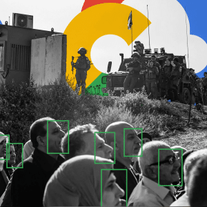 A black-and-white photo shows a crowd in the foreground with faces outlined in green boxes, while soldiers stand on a hill near vehicles and a guard post; colorful Google logos reference cloud contracts with Israel in the background.