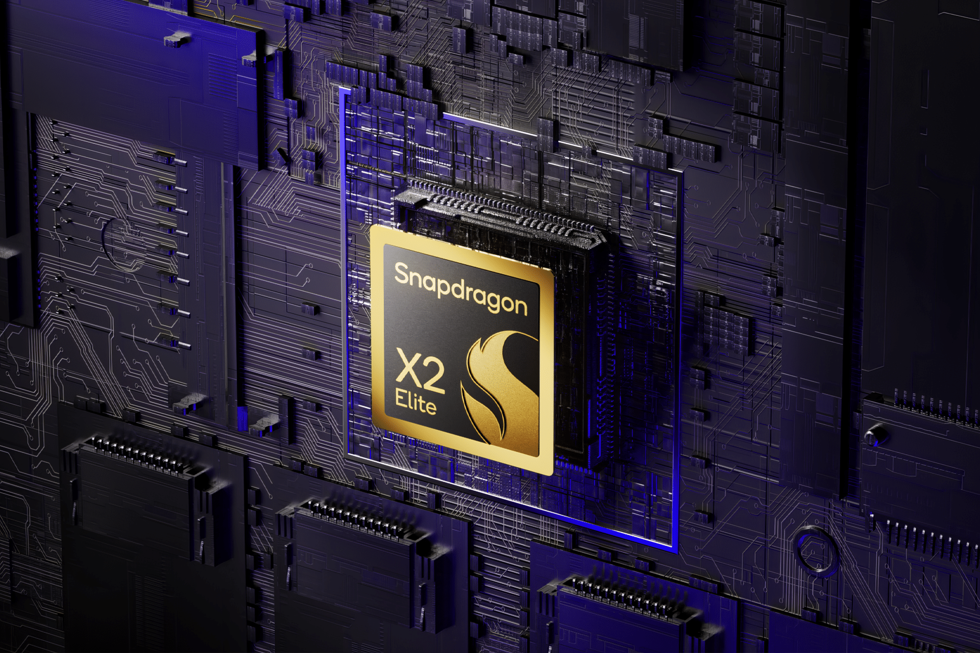 A close-up view of a gold and black Snapdragon X2 Elite chip, one of Qualcomm AI chips, embedded on a dark, intricate circuit board with blue lighting accents.