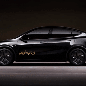 A sleek black electric SUV with tinted windows and a bold gold "REKTAN" logo on the driver’s door, parked in a dimly lit space—evoking the futuristic vibe of a Waymo vs Tesla robotaxi showdown.