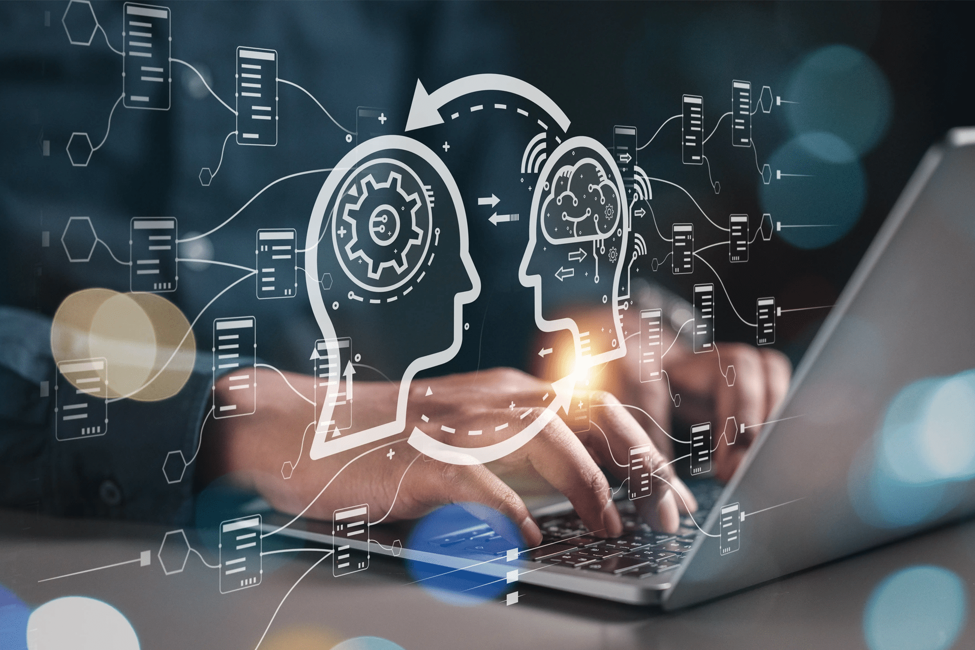 A person types on a laptop with a digital overlay showing two head profiles—one with gears, the other with a brain—connected by arrows and data flow, symbolizing artificial intelligence, data exchange, and the evolving computer science graduates job market.