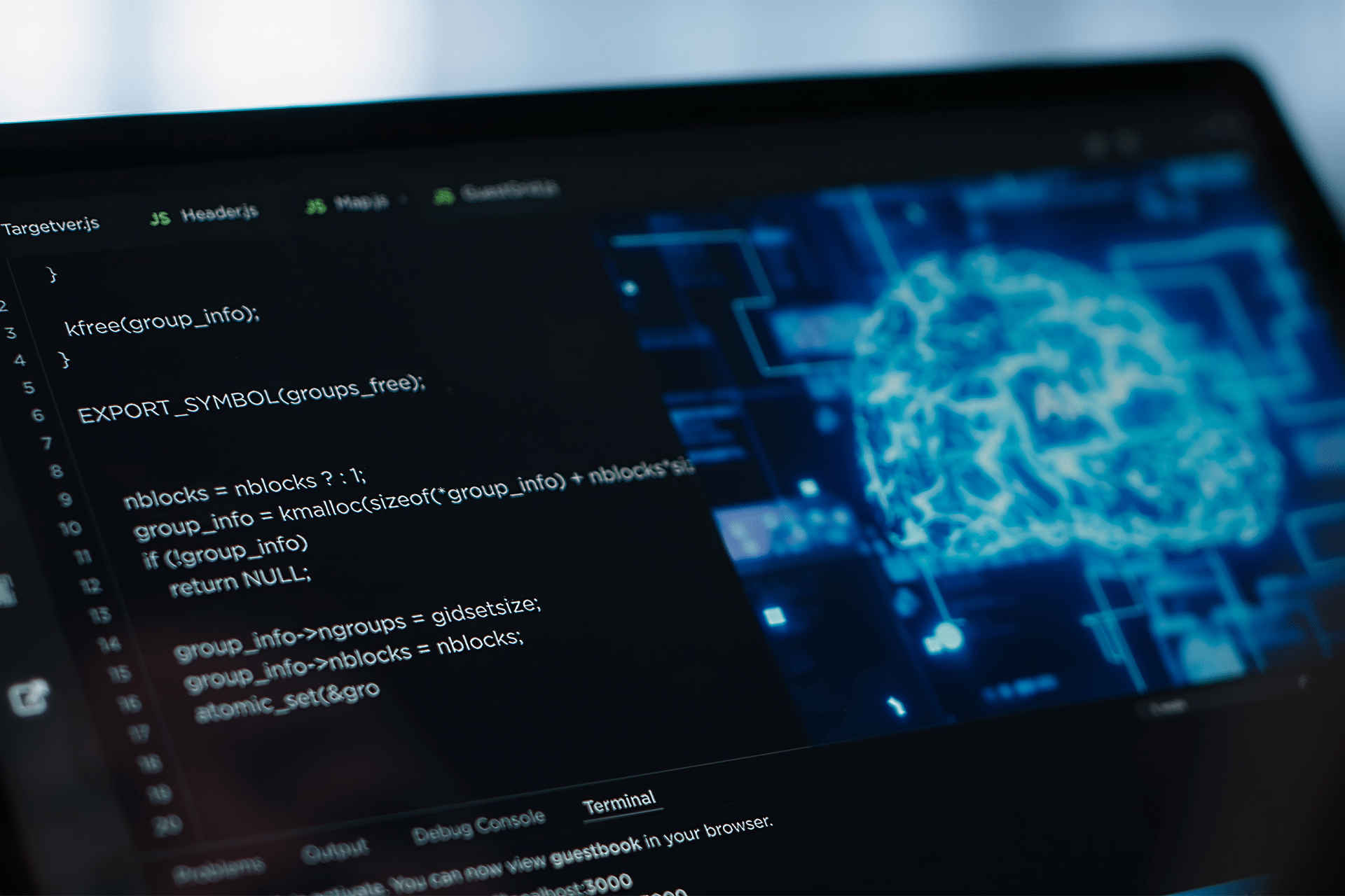 A computer screen displays programming code on the left and a glowing blue brain on the right, symbolizing artificial intelligence or machine learning—fields driving opportunities in the computer science graduates job market.