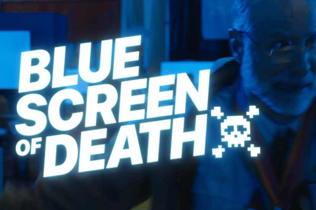 A large glowing text reads "BLUE SCREEN OF DEATH" with a pixelated skull icon; a person in glasses and a jacket appears blurred against a blue-tinted background, reminiscent of The Underdogs Apple short film's quirky tech moments.