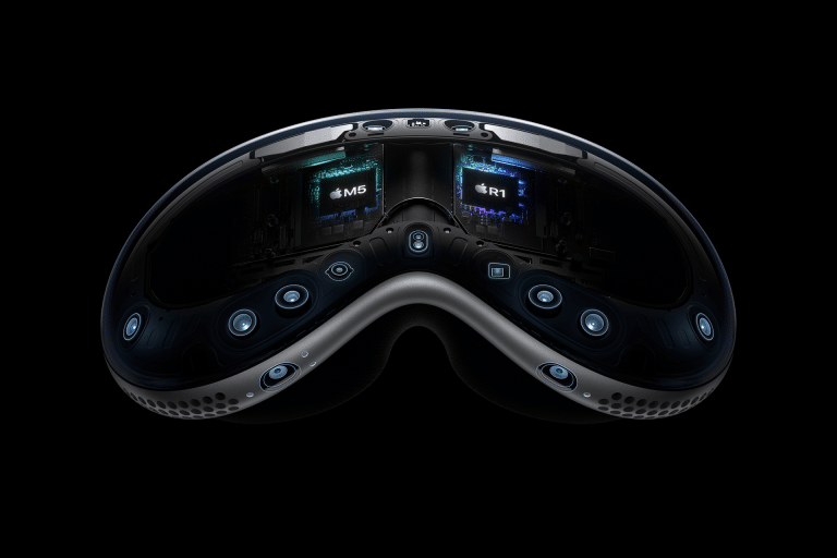 Close-up view of the inside of the Apple Vision Pro headset, showing multiple cameras, sensors, and visible Apple M2, R1, and Vision Pro M5 chips—all set against a black background.