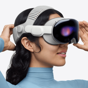 A person wearing a light gray virtual reality headset, powered by M5 chip performance, adjusts it with both hands. The individual has long, dark hair and is dressed in a light blue, long-sleeve top.