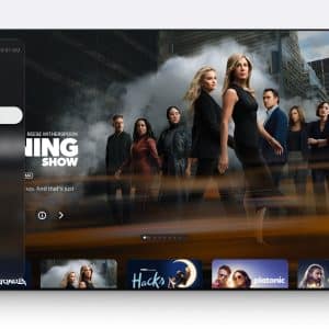 A TV interface screen shows the Apple TV+ home menu, with "The Morning Show" highlighted. A sidebar menu on the left displays options, including Home, Apple TV+, MLS, Sports, Store, Library, HBO Max, and Peacock.