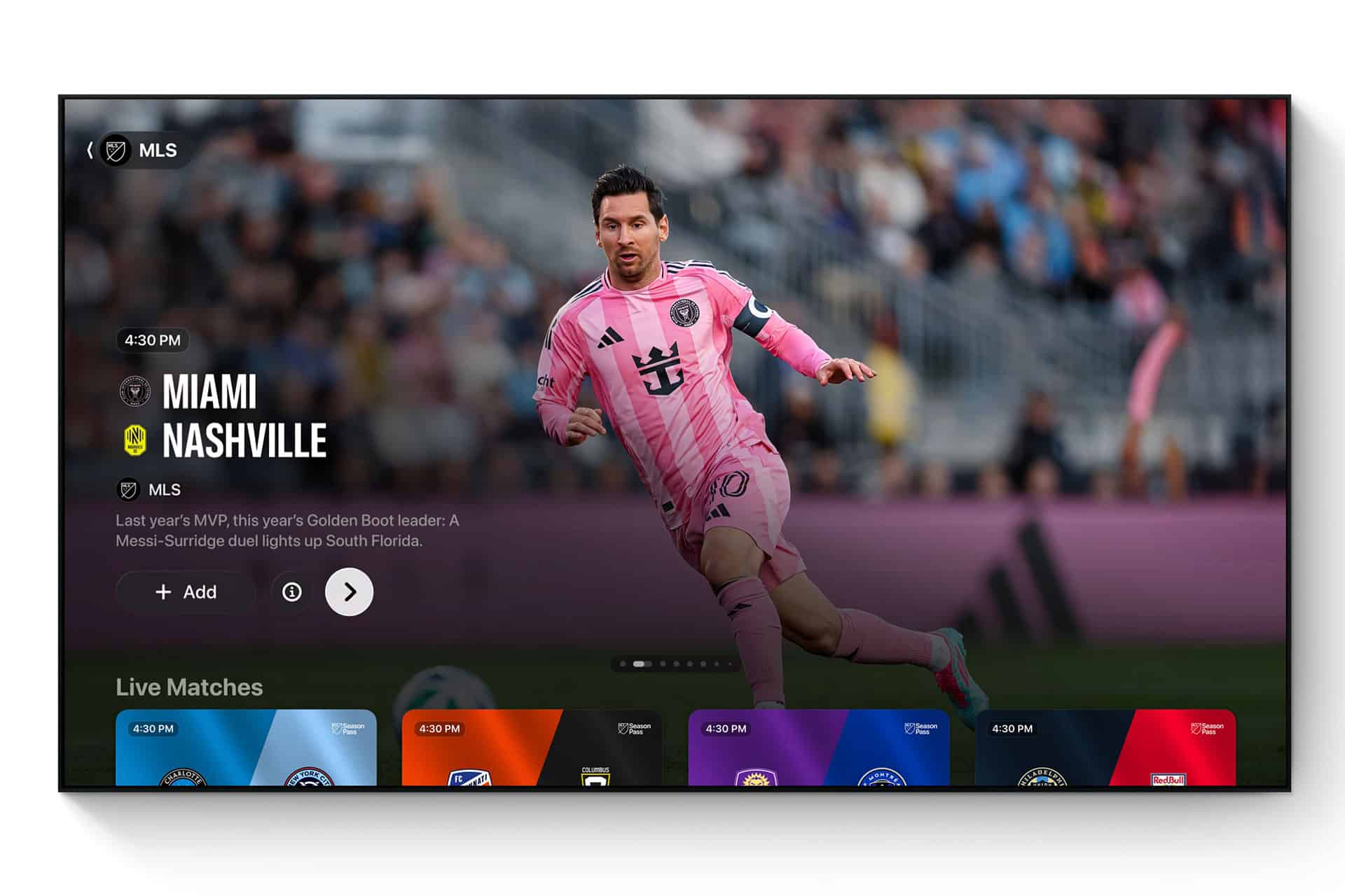 A soccer player in a pink jersey runs on the field during a match. The TV screen shows a scheduled MLS game: Miami vs Nashville, with live match options displayed at the bottom.
