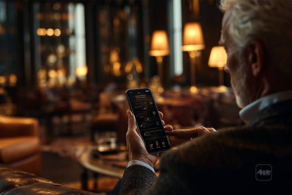 A man with gray hair sits in a dimly lit, elegant lounge, holding a smartphone with a home automation app displayed, possibly controlling lights and settings in the room. Warm lamps and plush seating are visible in the background.