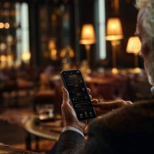 A man with gray hair sits in a dimly lit, elegant lounge, holding a smartphone with a home automation app displayed, possibly controlling lights and settings in the room. Warm lamps and plush seating are visible in the background.