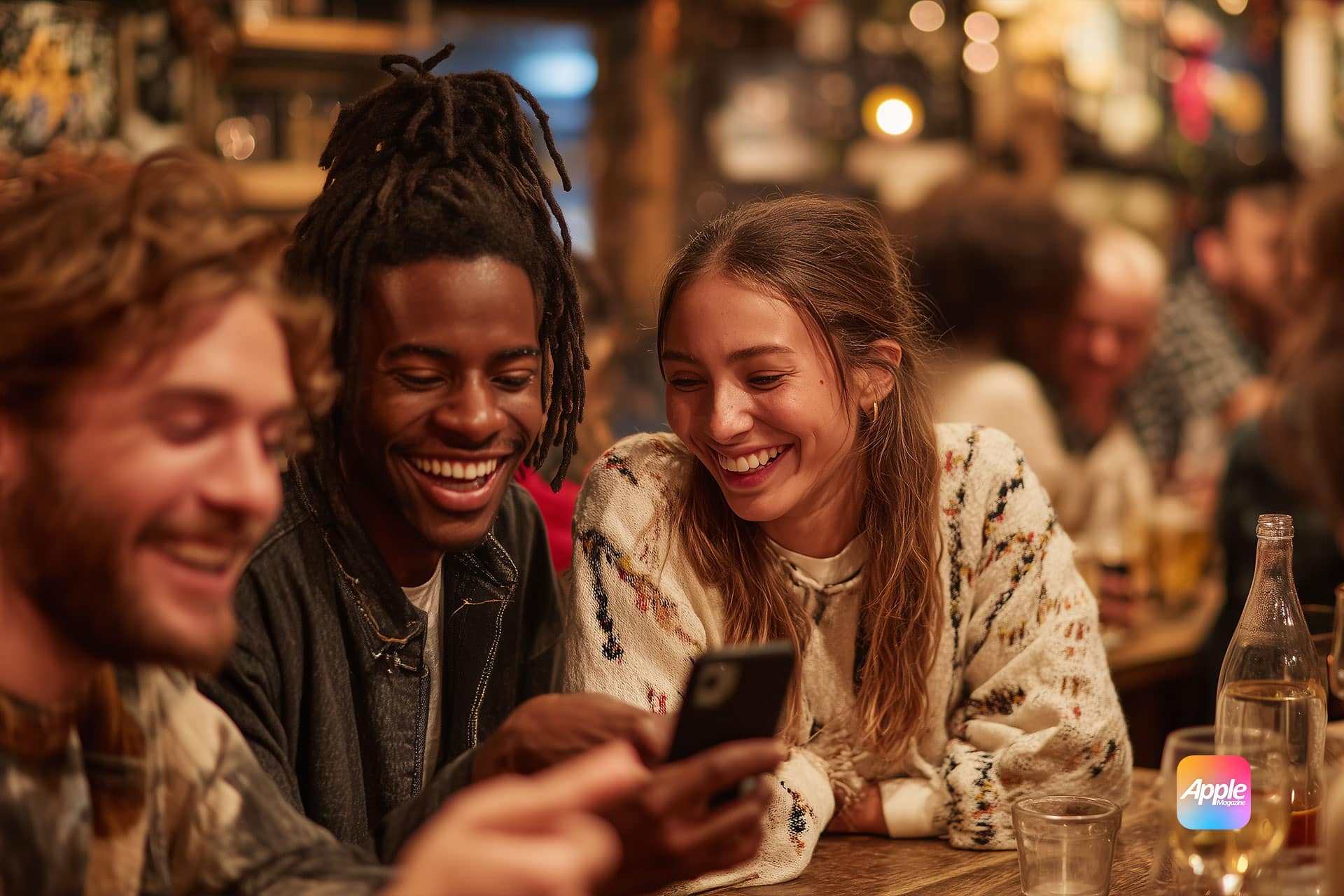 Three friends sit closely together at a lively bar, smiling and laughing while looking at a smartphone. Drinks and bottles are on the wooden table, and other people are chatting in the blurred background.