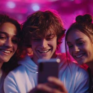 Three smiling young people take a selfie together in a vibrant, pink-lit setting. They look happy and close, with their faces illuminated by the phone’s screen.