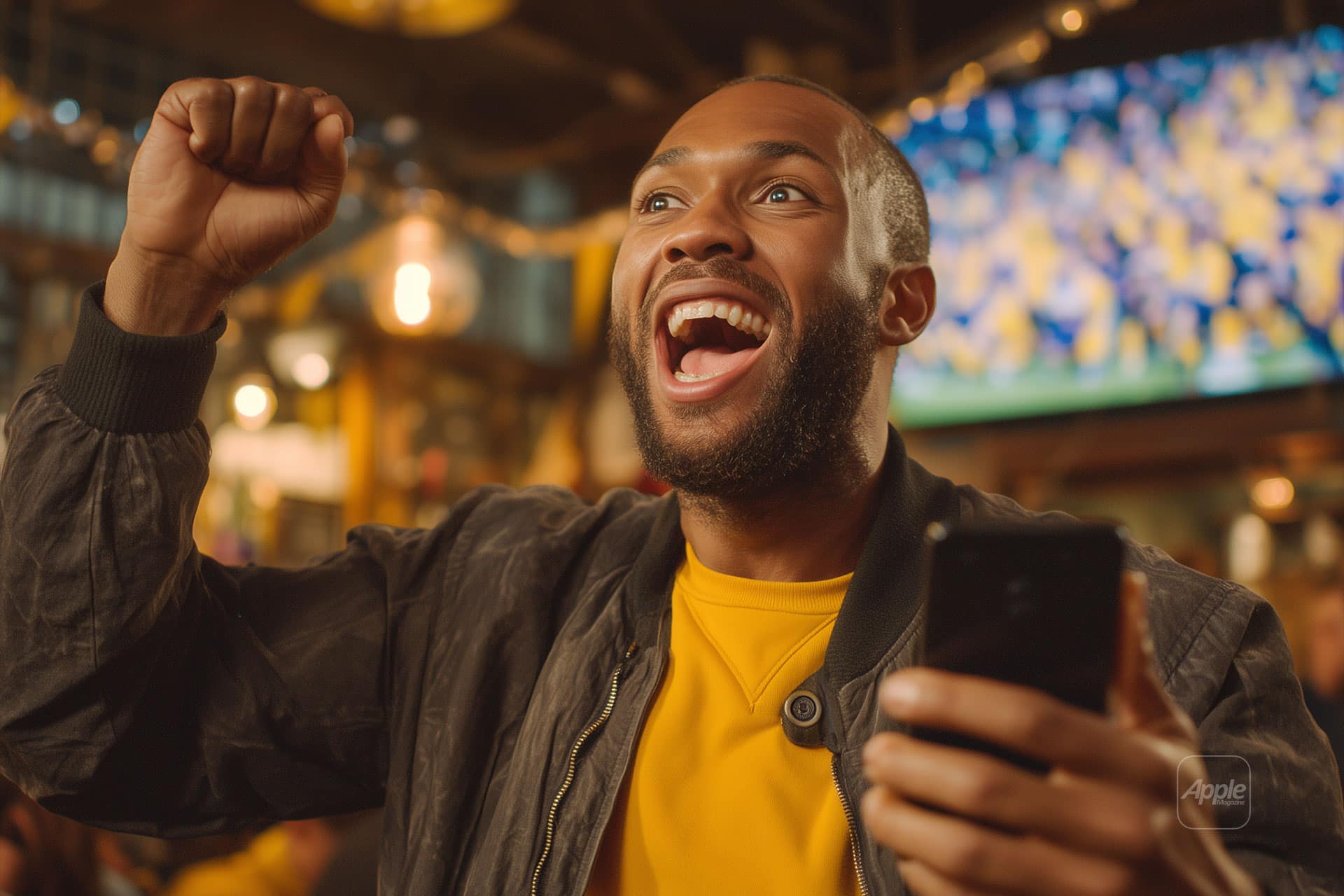 A man in a yellow shirt and dark jacket cheers excitedly while holding a smartphone in a lively bar with a sports game on TV in the background.