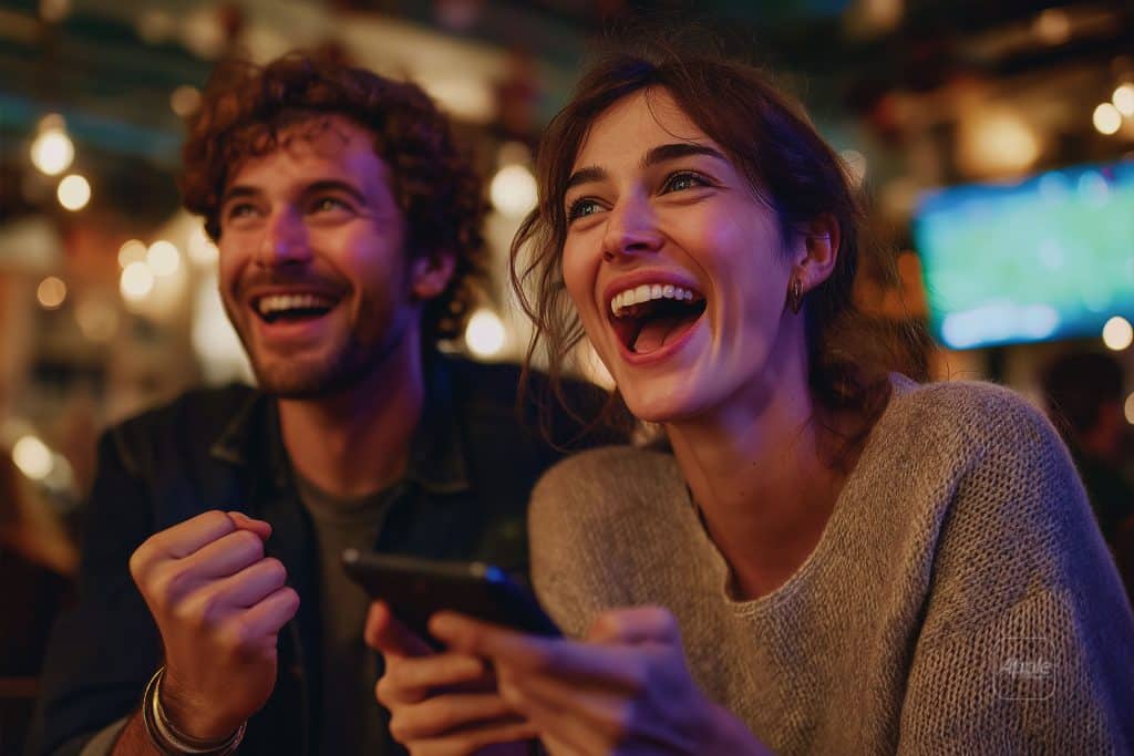 A young man and woman sit closely together in a warmly lit setting, both laughing joyfully. The woman holds a smartphone, and soft, decorative lights and a TV screen appear blurred in the background.
