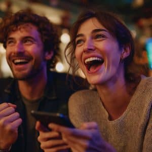 A young man and woman sit closely together in a warmly lit setting, both laughing joyfully. The woman holds a smartphone, and soft, decorative lights and a TV screen appear blurred in the background.